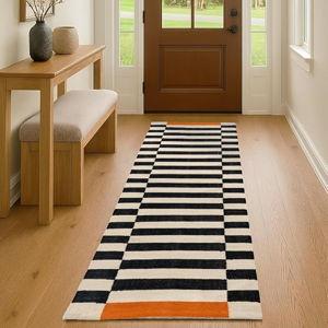 Folkulture Runner Rug for Hallway- (2x6 ft) | 100% Cotton, Washable, Water Absorbent Runner Rugs for Entry, Bedroom, Kitchen | Non Slip, Colorful Orange & Black Stiped Floor Rug for Living Room
