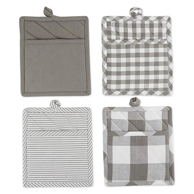 DII Gingham Check Table Top & Kitchen Collection Classic Design 100% Cotton, Machine Washable for Family Dinners, Special Occasions and Everyday Use, Potholder Set, Gray/White 4 Piece