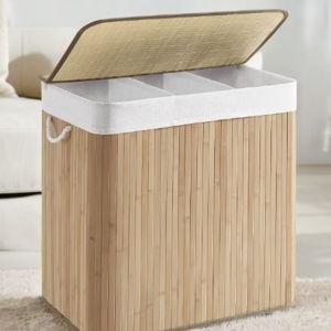 LEDREM 39.6 Gallons Laundry Hamper, 3-Section Laundry Basket, with Lid, Bamboo, Foldable, Removable and Machine Washable Liner Laundry Storage Sorter