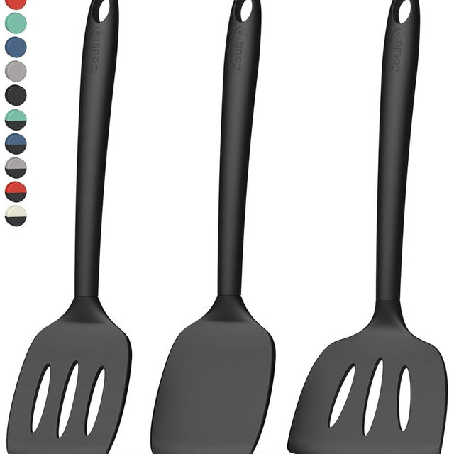 Coukre 3 Pack Silicone Spatula Set, High Heat Resistant, BPA-Free, Fish Spatula, Solid & Slotted Turner for Non-Stick Pans, Flipping Eggs, Pancakes, Fish, Burgers (3, PureBlack)