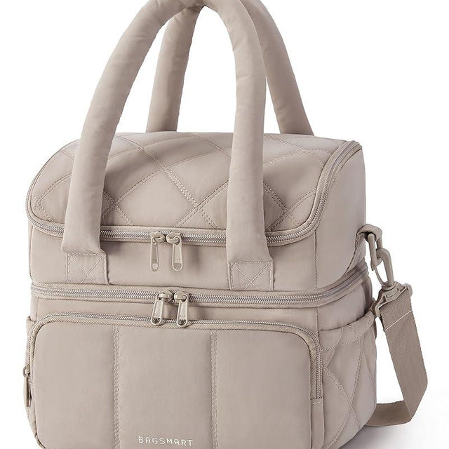 BAGSMART Lunch Bag Women, Double Deck Insulated Lunch Box, Quilted Puffer Lunch Tote, Leakproof, Durable & Reusable Large Lunch Cooler For Work Picnic Travel Meal Prep, Camel