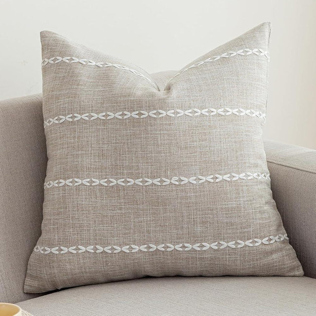 vctops Rustic Striped Cotton Linen Decorative Throw Pillow Cover Embroidery Square Cushion Cover Pillowcase for Sofa Bedroom Couch (Stripe Coffee, 20"x20")