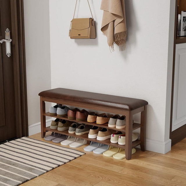 AQIMUELE Wood Shoe Rack Bench for Entryway, Shoe Rack for Front Door Entrance with Leather Cushion, 2 Tier Shoe Bench with Shoe Storage for Entryway, Bedroom.