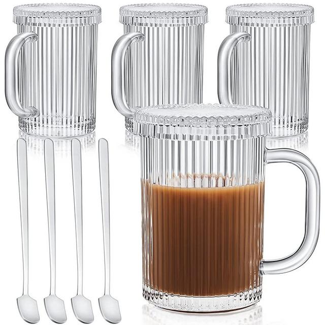 Suclain 4 Pieces Glass Coffee Mugs Clear Vertical Stripes Tea Mug with Lid and Spoon Ribbed Glasses for Espresso Milk Chocolate Latte Juice Anniversary and Birthday, 11.8 oz