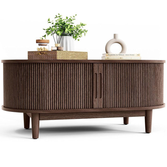 LINSY HOME Oval Coffee Table, Wood Coffee Table with Storage, Fluted Accent Center Table with Sliding Tambour Door, 39" Mid Century Modern Coffee Tables for Living Room, Bedroom, Apartment, Walnut
