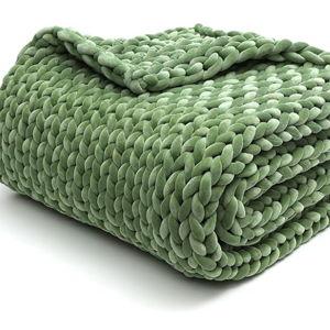 YnM Velvet Weighted Blanket, Handmade Chunky Knitted Design, Soft and Cozy, Temperature Regulating and Breathable, Machine Washable Throw for Sleep or Home Decor (Avocado Green, 60x80 Inch, 20lbs)