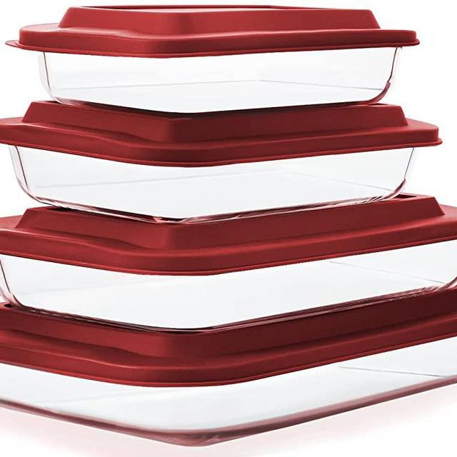 8-Piece Deep Glass Baking Dish Set with Plastic lids,Rectangular Glass Bakeware Set with BPA Free Lids, Baking Pans for Lasagna, Leftovers, Cooking, Kitchen, Freezer-to-Oven and Dishwasher, Red
