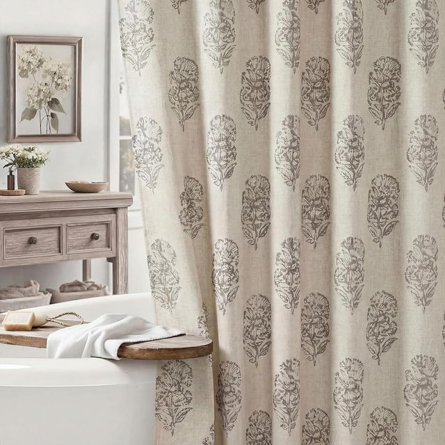 CrystalSylara Vintage Floral Linen Shower Curtain Block Print Chinoiserie Grandmillennial Shower Curtains Set with 12 Hooks Rustic Farmhouse Frenchy Bathroom Decor, 72wx72h