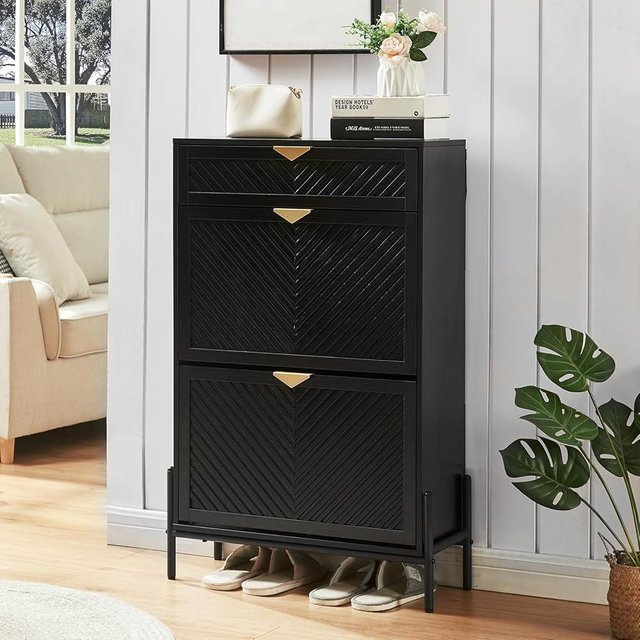 HUSHEDIFY Shoe Cabinet Storage with 2 Flip Drawers, Narrow Hidden Shoes Organizer Cabinet for Entryway, Freestanding Slim Shoe Rack Front Door Entrance(Black)