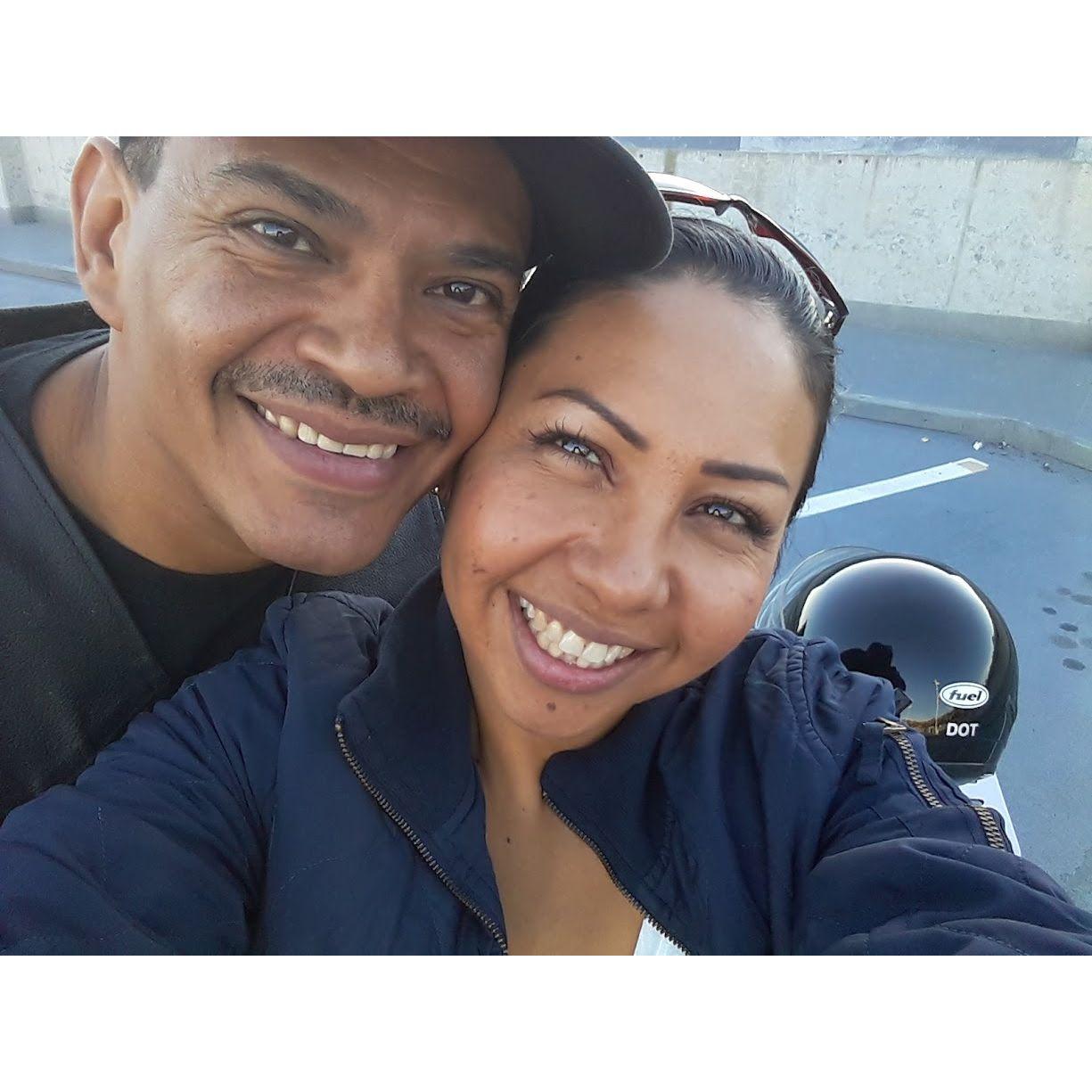 On one of our many rides on the motorcycle.