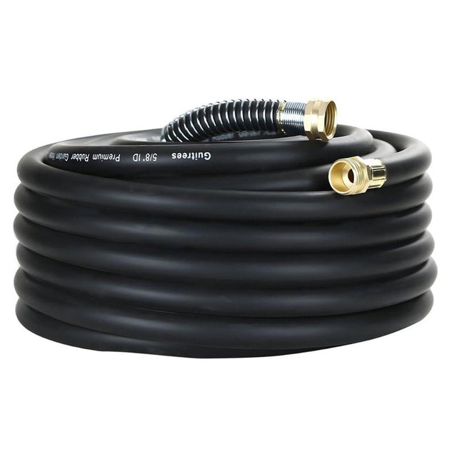 Guitrees 50FT 5/8 Heavy Duty Rubber Garden Hose - 200psi Working, 1000psi Burst - Hot/Cold Water - Five-Layered Braiding for Durability - Versatile for Gardening, Agriculture, Construction(Black)