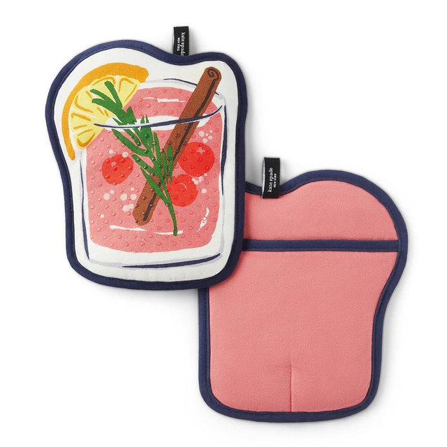 Kate Spade New York Festive Cocktail Heat Resistant, 100% Cotton with Hanging Loop, Slip Resistant Pot Holder 2-Pack Set, Pink/Navy Blue, 8"x6.5"