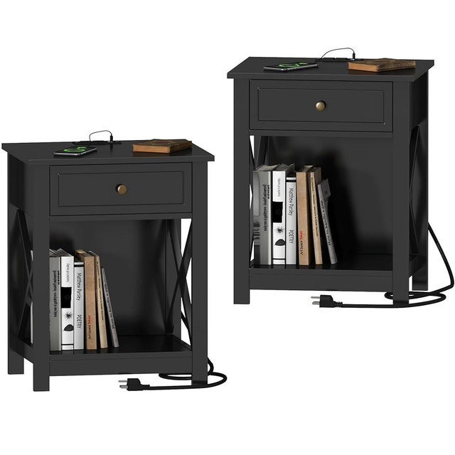 Treocho Black End Table Set of 2,Nightstand with Charging Station, X-Design Side Table with 2 AC and USB Power Outlets, Small Night Stand with Storage Drawer and Open Shelf for Living Room