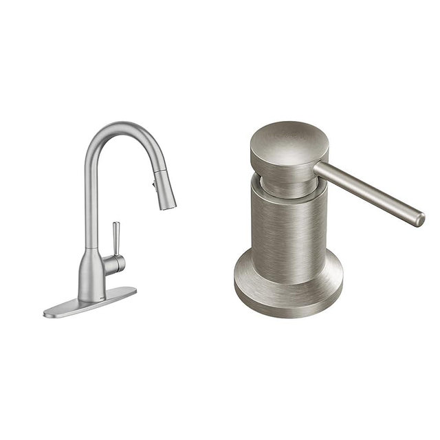 Moen Adler Spot Resist Stainless One-Handle High Arc Kitchen Sink Faucet with Power Clean Pull Down Sprayer, 87233SRS + Deck Mounted Kitchen Lotion or Soap Dispenser with Refillable Bottle, 3942SRS