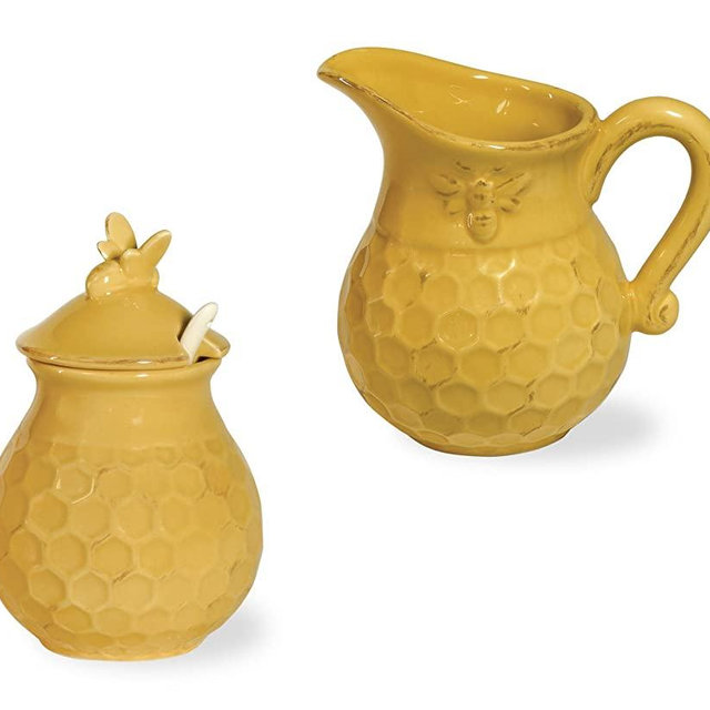 Boston International JC16113 Embossed Ceramic Cream and Sugar Set, 2-Piece, Honeycomb