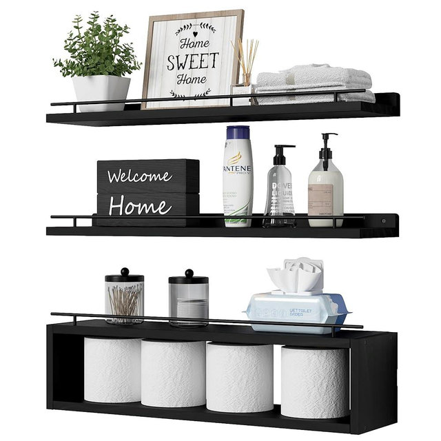 WOPITUES Floating Shelves for Wall 24 inch with Cube Shelf, Wall Shelves with Metal Rail for Bathroom Decor, Over Toilet Shelves for Bathroom, Toilet Paper-Black