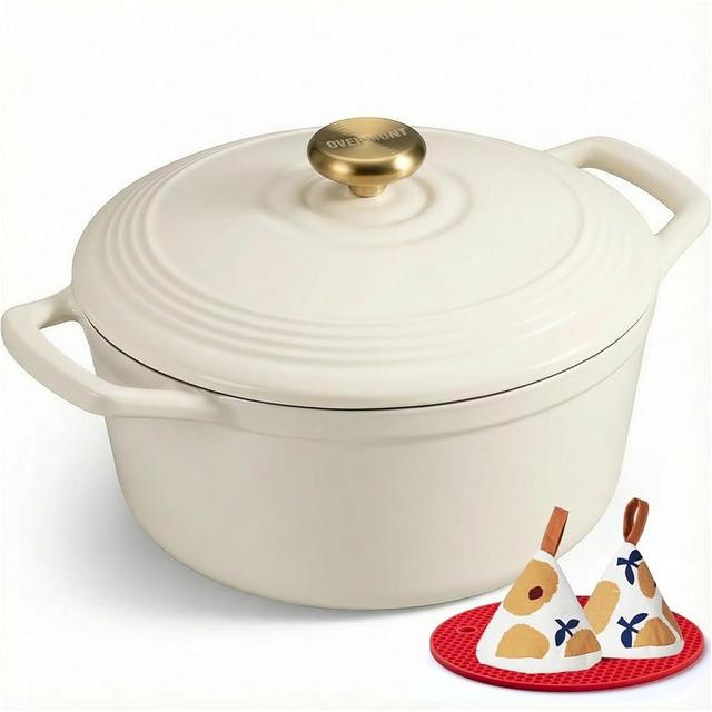 Overmont Enameled Cast Iron Dutch Oven - 5.5QT Pot with Lid Cookbook & Cotton Potholders - Heavy-Duty Cookware for Braising, Stews, Roasting, Bread Baking White