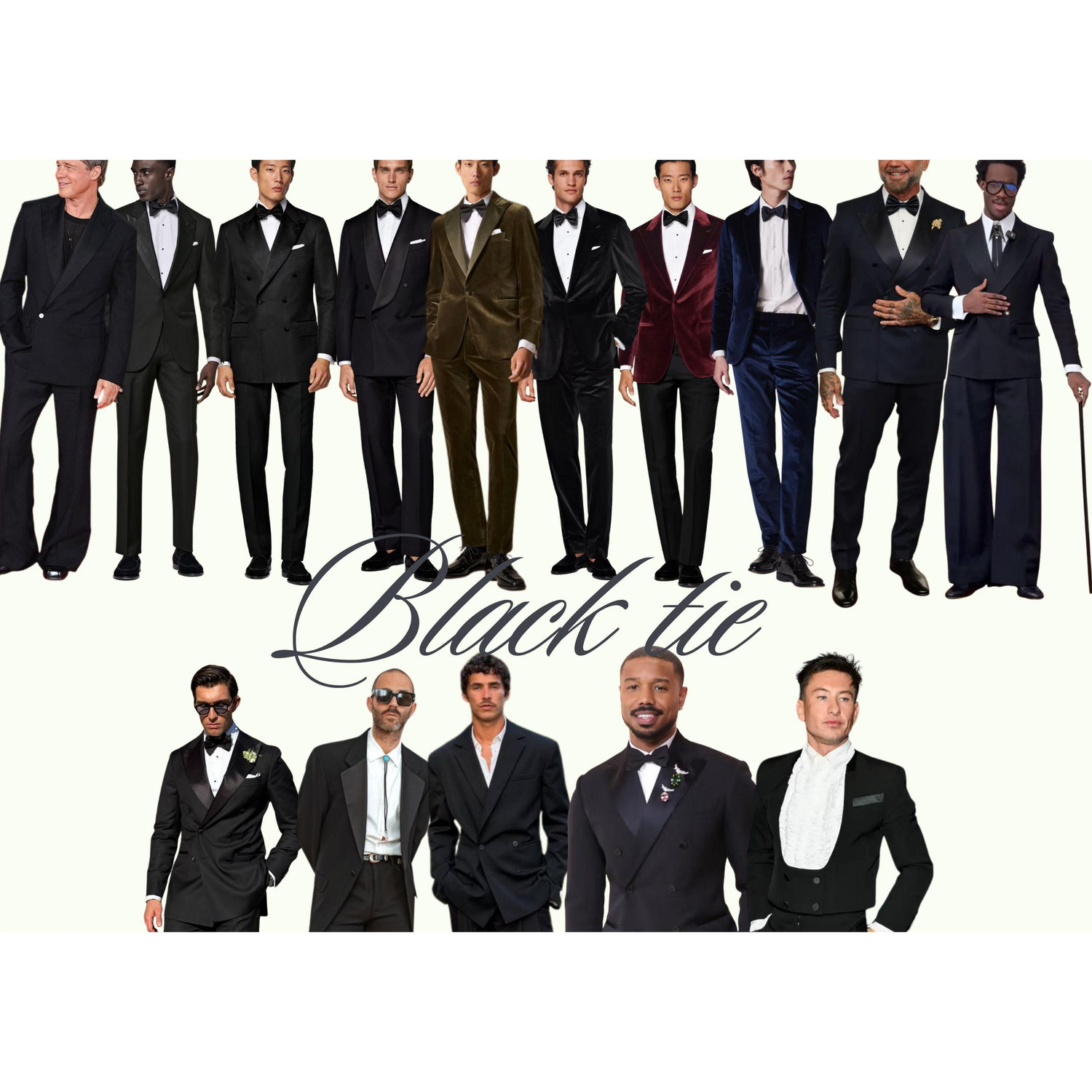Tuxedos and deep-toned suits set the tone, but personality is key. Distinctive details like jewelry, vintage pins, or even a cane bring a touch of flair to classic elegance.