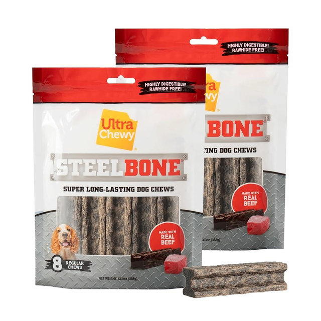 Ultra Chewy Steel Bones Regular Size Beef Flavor - Super Long Lasting Dog Chews - Rawhide Free & Highly Digestible - Unique Shape Helps Clean Teeth - Ideal Dog Bones for Aggressive Chewers