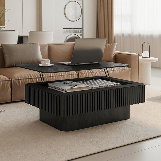 38.6" Square Lift Top Coffee Table, Modern Fluted Tea Table with Hidden Storage for Living Room, Apartment or Office, Black
