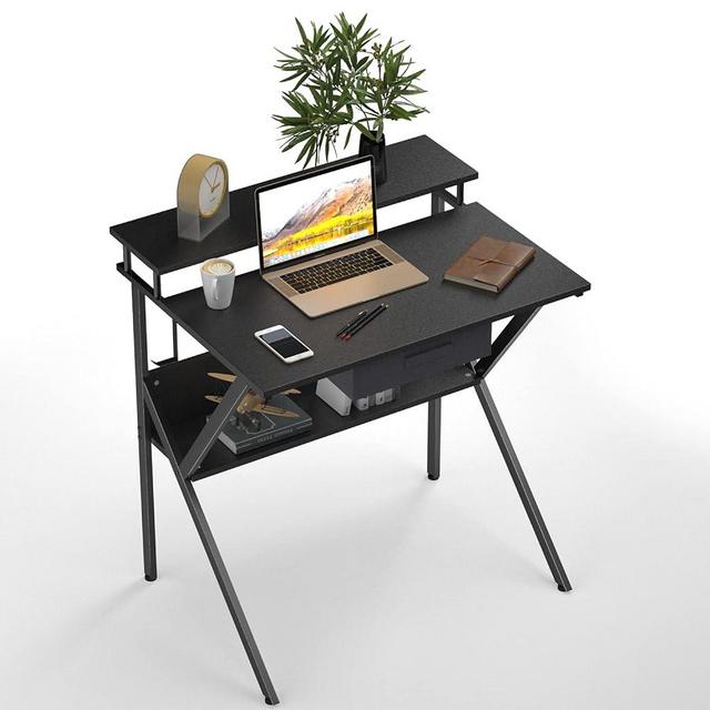 Aludest Computer Desk with 2-Tier Shelf Table for Small Spaces,Home Office Working Study Writing Table with Raised Shelf and Storage Drawer Student K-Frame Desk Skid Pads 39 Black