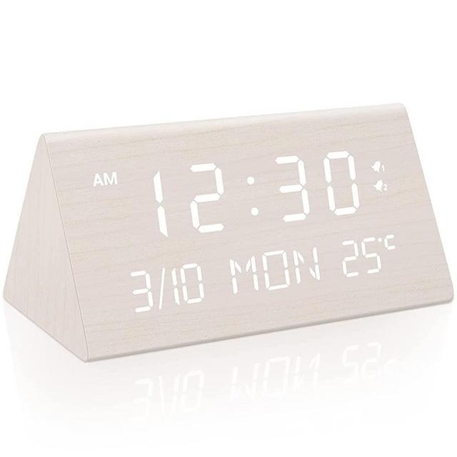 Kogonee Wooden Digital Alarm Clock, 0-100% Dimmer, Volume Adjustable, Dual Alarm, Weekday /Everyday Mode, 9 Mins Snooze, 12/24H, Temperature Detect, Wood LED Clock for Bedroom, Desk, Bedside (White)