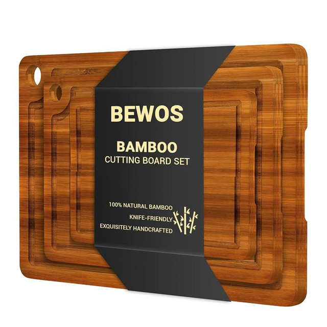 BEWOS 3 PCS Bamboo Cutting Boards Set with Hanging Hole - Wooden Cutting Board with Handles & Juice Grooves, Wooden Cutting Board for Kitchen, Ideal for Slicing Meat, Vegetables, Cheeses and Bread