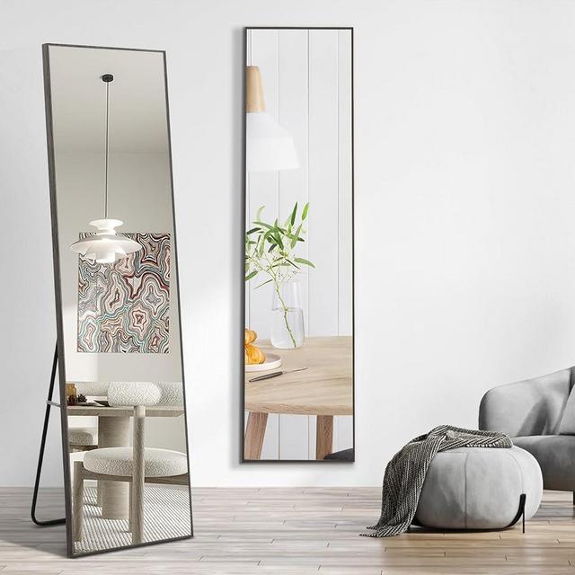 WIIS' IDEA 58"x15"Full Length Mirror,Durable Solid Wood Frame,Explosion-Proof Film,High-Definition Full Body Mirror,Standing/Leaning/Hanging Long Mirror for Bedroom,Bathroom,Living Room(Gray)