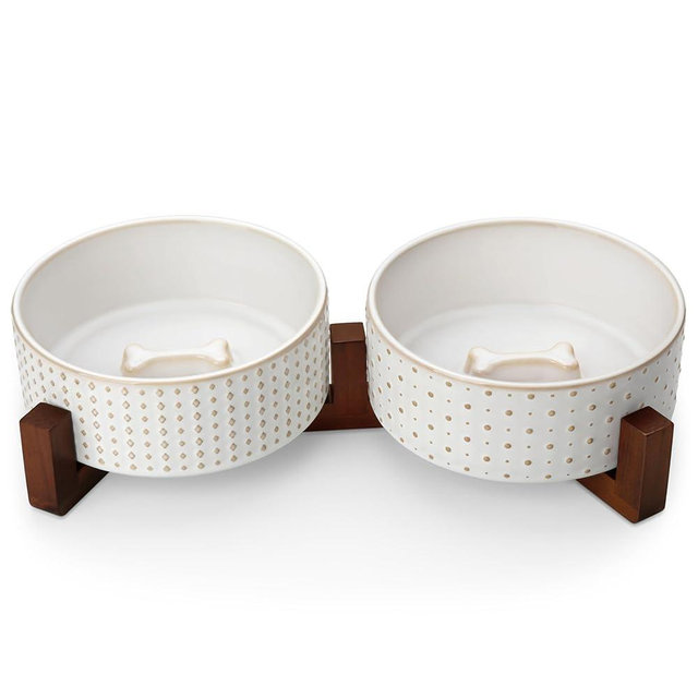 MALACASA Dog Bowl Set with Walnut Wood Stand, 3.5 Cups Ceramic Pet Bowls for Puppy Dogs, Dual Food and Water Bowls with Weighted Non-Slip Base, Basic Bowls for Your Dog or Cat, Rhombic & Polka Dots