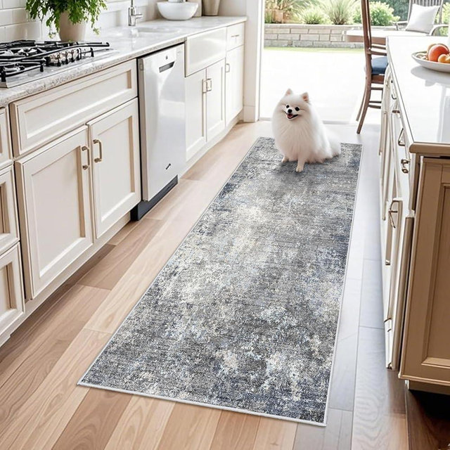 2x6 Non-Slip Washable Kitchen Runner Rug – Modern Coastal Abstract Carpet Runner for Hallway Bedroom Bathroom Laundry Room Entryway – Low-Pile Thin Rubber Backed (Blue Gray 2x6)