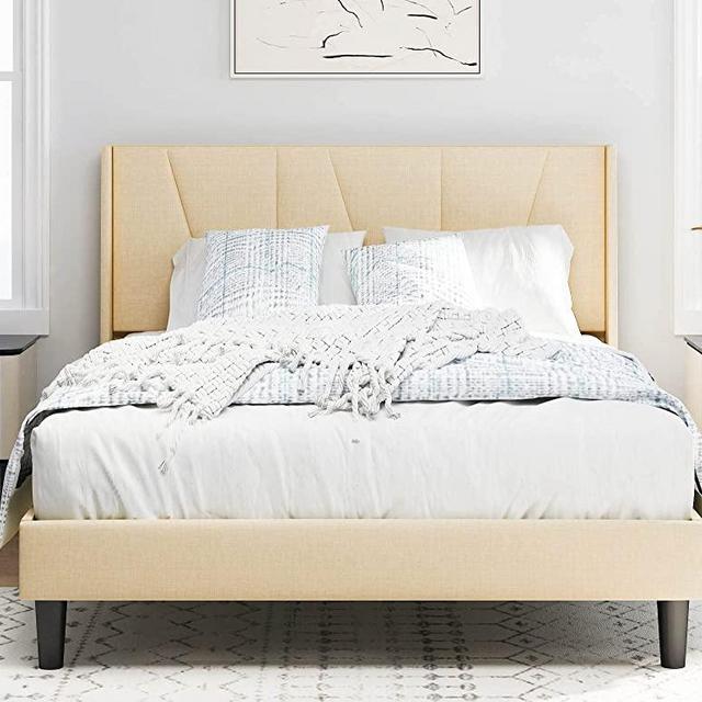 SHA CERLIN Queen Bed Frame, Upholstered Platform Bed with Geometric Headboard and Wingback, Wood Slat Support, No Box Spring Needed,Beige