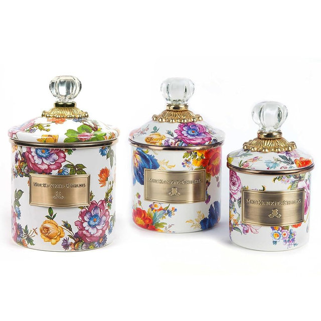 MACKENZIE-CHILDS Flower Market White Canister Set with Lids, Sugar, Coffee, or Flour Container, Small, Demi, Mini