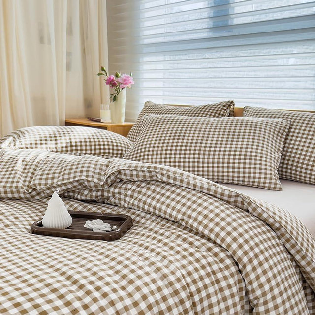 NSNLGSGC Comforter Set King Size, Tan Gingham Bedding Comforter Sets, Brown Grid Bed Comforter 3 Pieces (1 Comforter, 2 Pillowcases)