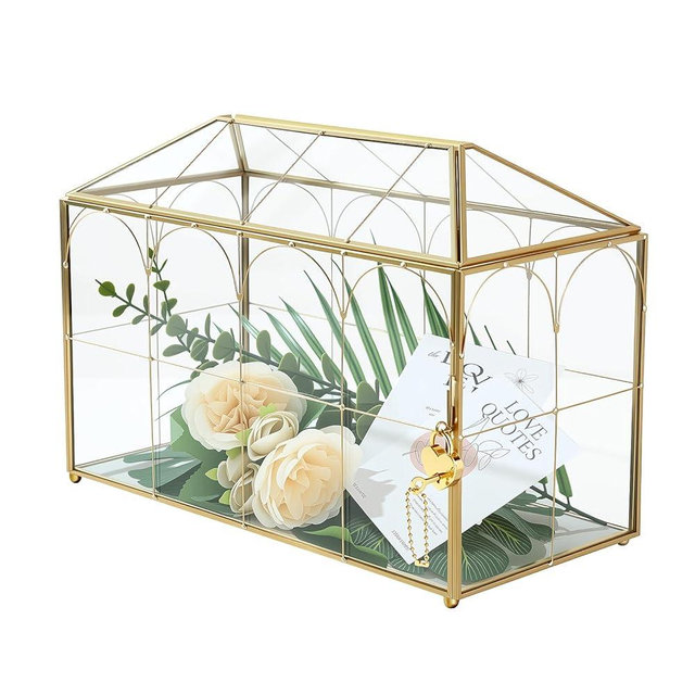 Rosporxin Glass Card Box with Slot, Large Gold Clear Card Box for Wedding Receptions - Home Birthdays Party Geometric Decorative, 12.59" x 5.9" x 9.05"