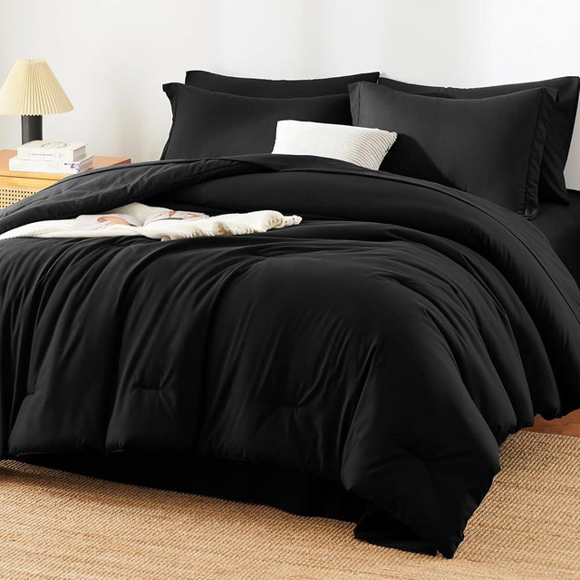HIMEET King Size Comforter Set - 7 Pieces Bed in a Bag King, Luxury Comforter Set with Sheets for All Season, Bed Set with Comforter, Flat Sheet, Fitted Sheet, Pillowcases & Shams, Black