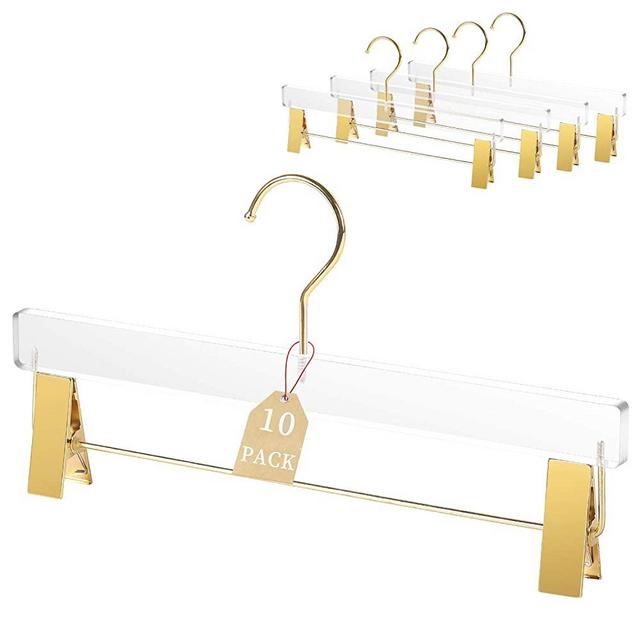 Acrylic Hangers Clear and Gold Hangers with gold hooks Heavy Duty Premium Quality Clear Acrylic Clothes Hangers Pants hangers with clips 10 Pcs