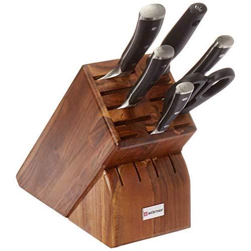 WÜSTHOF CLASSIC IKON Seven Acacia Block 7-Piece German Set | Precision Forged High Carbon Stainless Steel Kitchen Knife, 15 Slot Wood, Model 8347-6
