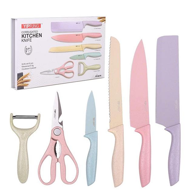 Colorful Knife Set for 6 Pieces, High Carbon Steel Kitchen Knife Set, Environmental Wheat Straw Material Handle, Sharp All-purpose Professional Chef Knife with Gift Box