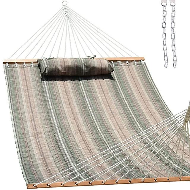 Lazy Daze 12 FT Quilted Fabric Double Hammock with Spreader Bars and Detachable Pillow, 2 Person Hammock for Outdoor Patio Backyard Poolside, 450 LBS Weight Capacity, Mixed Green & Brown Stripe