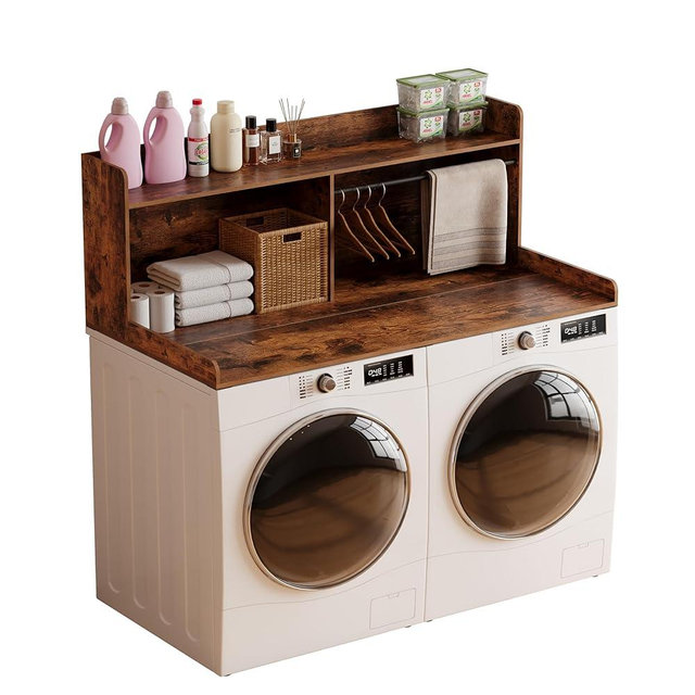 Unionly 2-Tier Washer Dryer Countertop with Clothes Rail，Laundry Topper with Edge and Non-Slip Pad for Washer and Dryer Laundry Hamper Counter Storage Organization (Rustic Brown, Full)