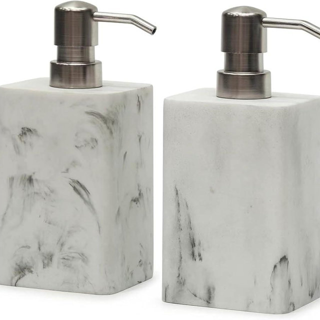 2Pcs/Set Resin Marble Style Soap Dispenser Sets -15oz Luxury Bathroom & Kitchen Dispenser with No-Leak Pump, Refillable for Soap/Lotion, Dish Hand Wash Shower Lotion Shampoo (White)