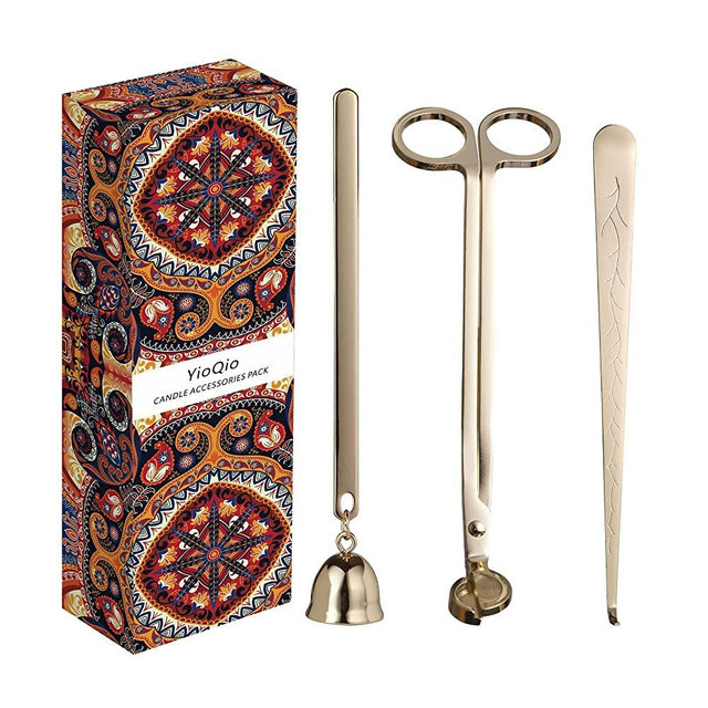 YioQio 3-in-1 Candle Accessory Set, Candle Wick Trimmer,Candle Wick Dipper,Candle Cutter, Candle Snuffer with Gift Package for Candle Lovers (Gold)
