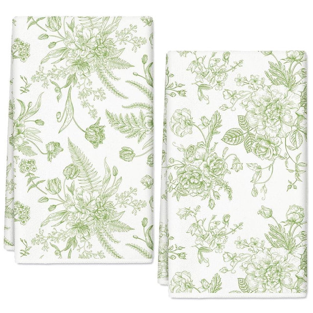 JarThenaAMCS Green Flower Kitchen Towel Vintage Floral Dish Towel 18 x 28 Inch Hand Drying Tea Towel for Cooking Baking Party Supplies, 2Pcs