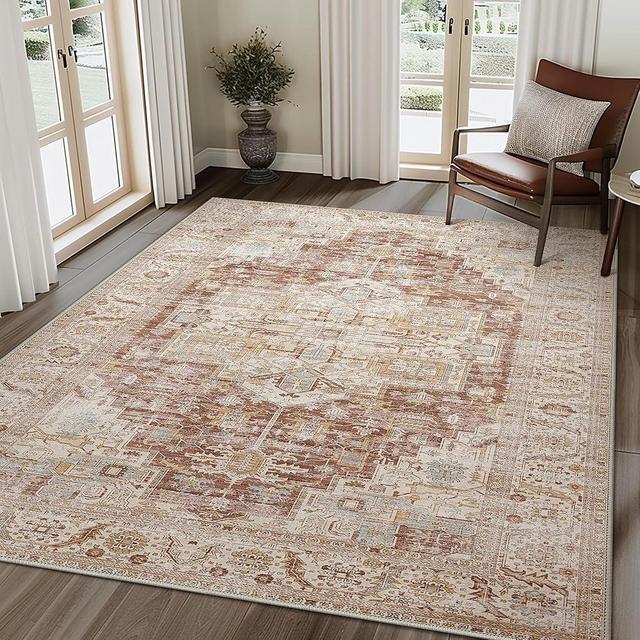 BESBLEE 8X10 Area Rugs Machine Washable Runner Rugs for Living Room Bedroom Hallway, Non Slip Indoor Soft Accent Distressed Boho Vintage Print Lightweight Thin Low Pile Carpet, Mahogany