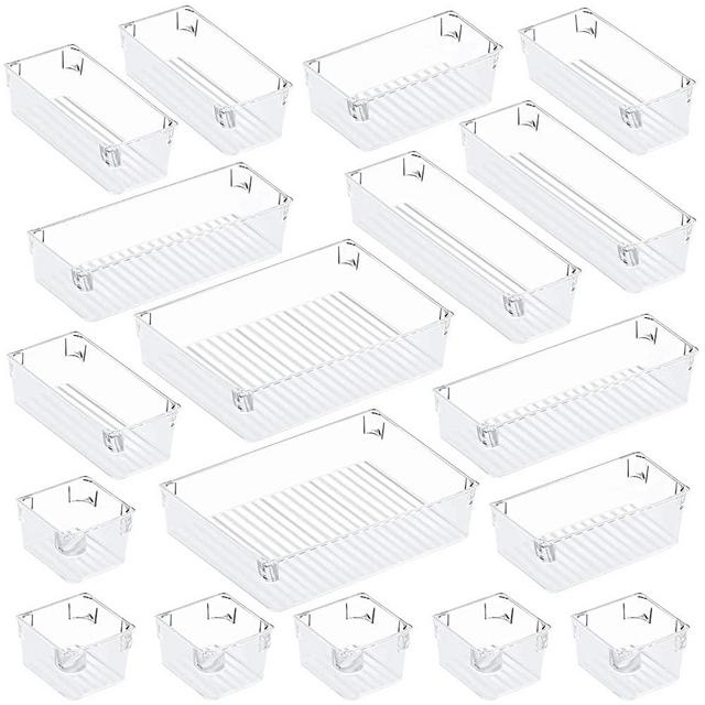 Puroma 18-pcs Desk Drawer Organizer Trays, 4 Different Sizes Large Capacity Plastic Bins Kitchen Drawer Organizers Bathroom Drawer Dividers for Makeup, Kitchen Utensils, Jewelries and Gadgets