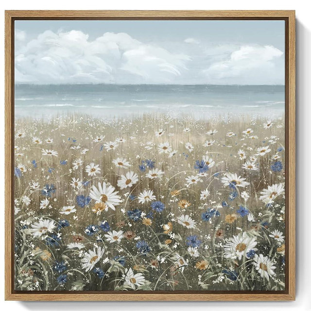 Framed Wall Art Bathroom Décor Boho Beach Coastal Vintage Floral Wall Picture Flower Daisy Flowers by Sea Canvas Print Nautical Small Artwork For Home Farmhouse Living Room Bedroom Office