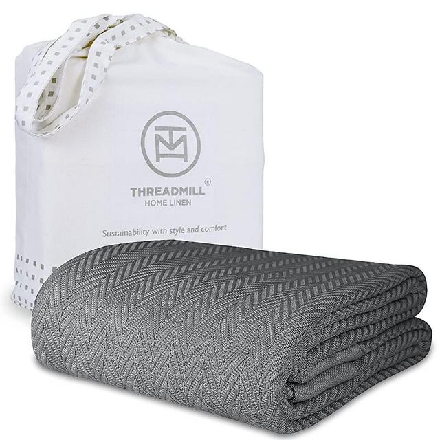 Threadmill Luxury Cotton Blankets for King Size Bed | All-Season Cozy 100% Cotton King Size Blanket | Herringbone Soft & Lightweight Fall Thermal Blanket fits California King Size Bed | Dark Grey