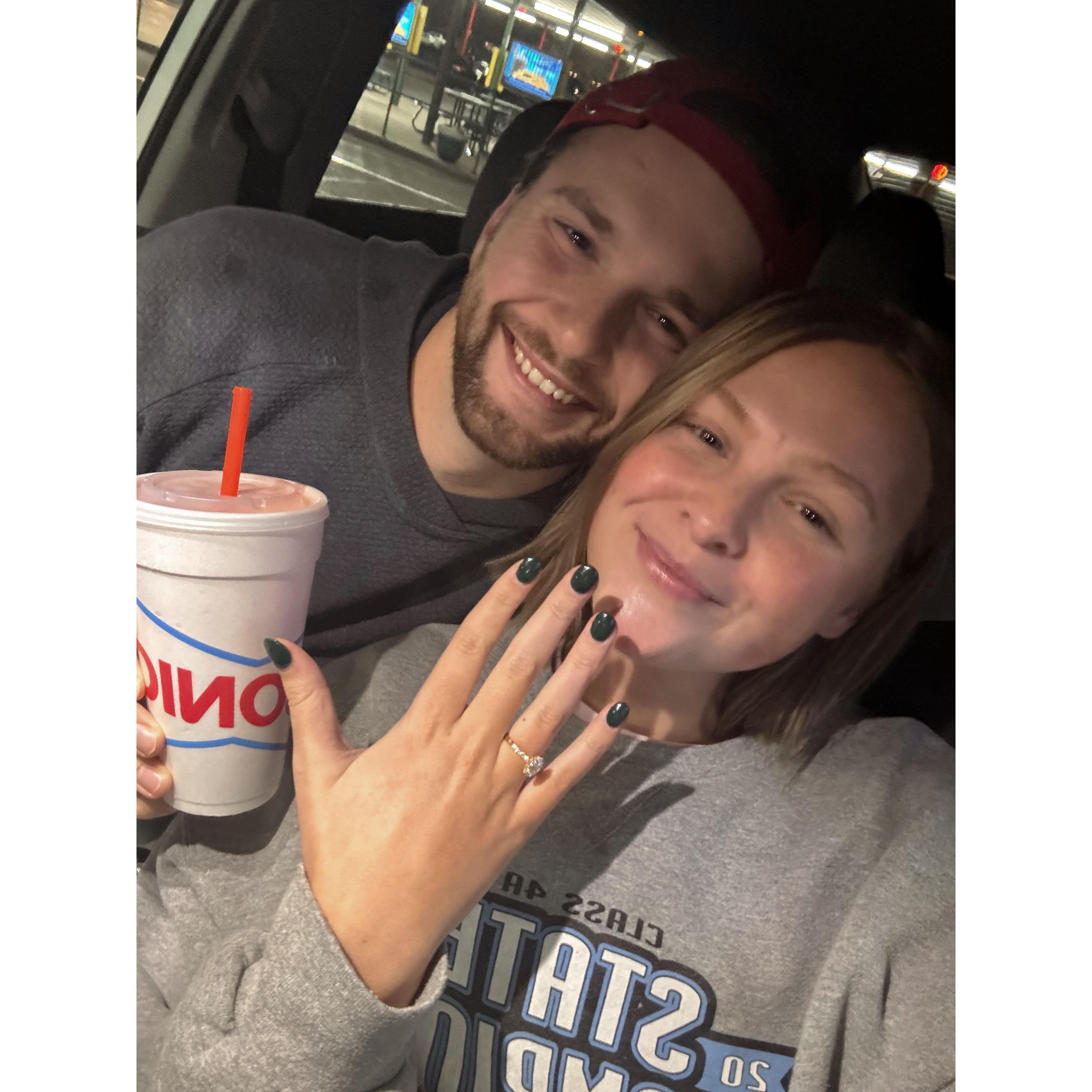 5 minutes after we got ENGAGED! Teary eyes and all (and green nails if that tells ya how clueless I was).