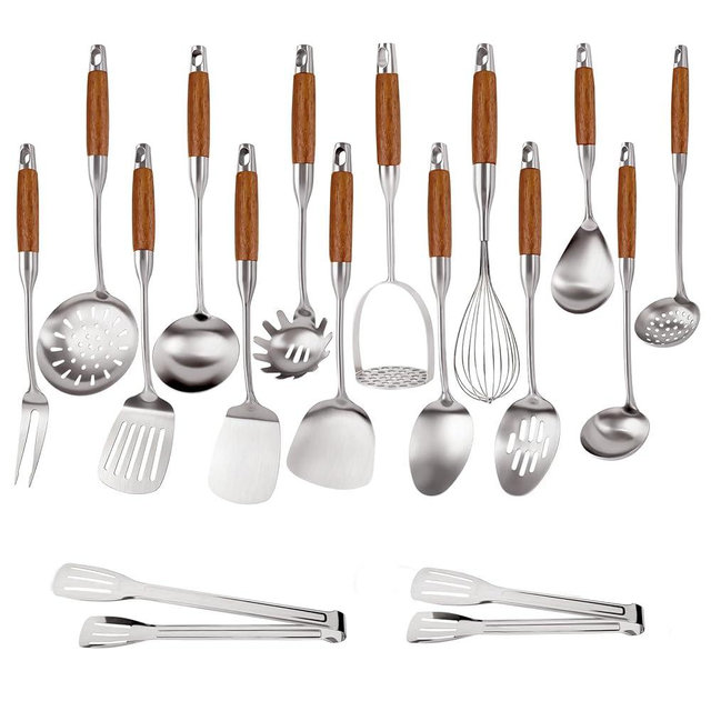 304 Stainless Steel Cooking Utensils Set with Wooden Handle, 16 Pcs Long Heat Resistant Metal Kitchen Utensils Set, Stainless Steel Kitchen Utensils Set with Spatula, Turner, Whisk, Ladle