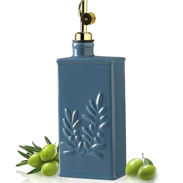 Sweejar Ceramic Olive Oil Dispenser Bottle for Kitchen, 17 Oz Relief Opaque Oil and Vinegar Dispenser Bottle with Spout, Suitable for Soy Sauce, Coffee Syrup, Liquids (Fogblue)